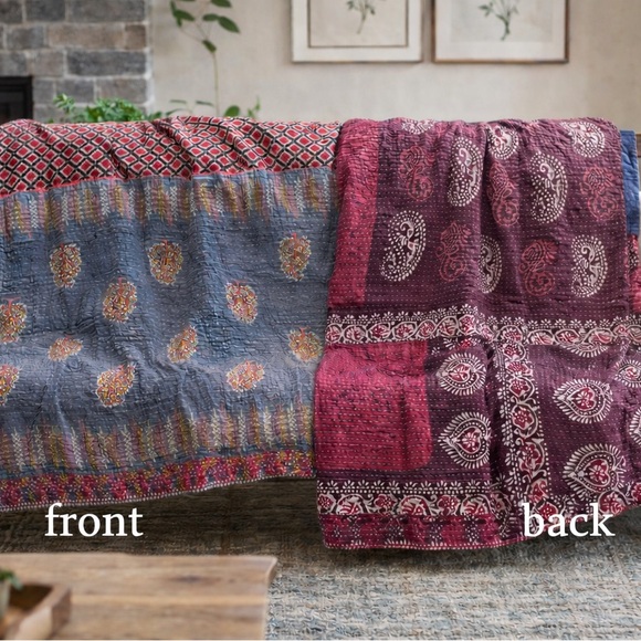 Kantha Other - Kantha Blue tree of life with pink paisley Vintage throw/Quilt handsewn India